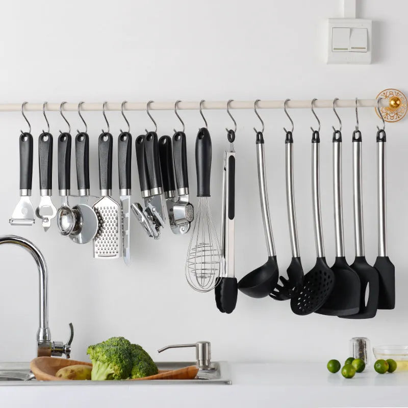 Black silicone spatula and spoon kitchen utensil set with stainless steel handles - 16 pieces