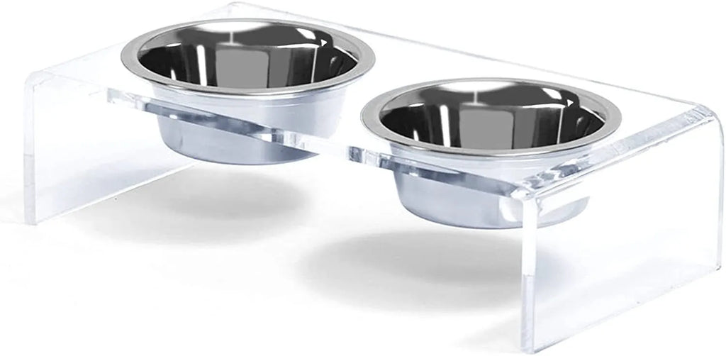 Transparent acrylic pet feeding rack for small cats and dogs with raised bowl platform, 39.5x18x10cm size