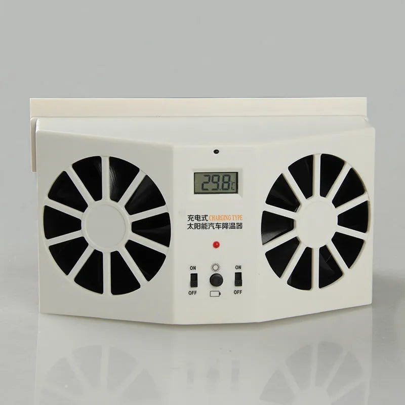 2W solar car exhaust fan with three-speed control and 800 mAh battery, white plastic blades