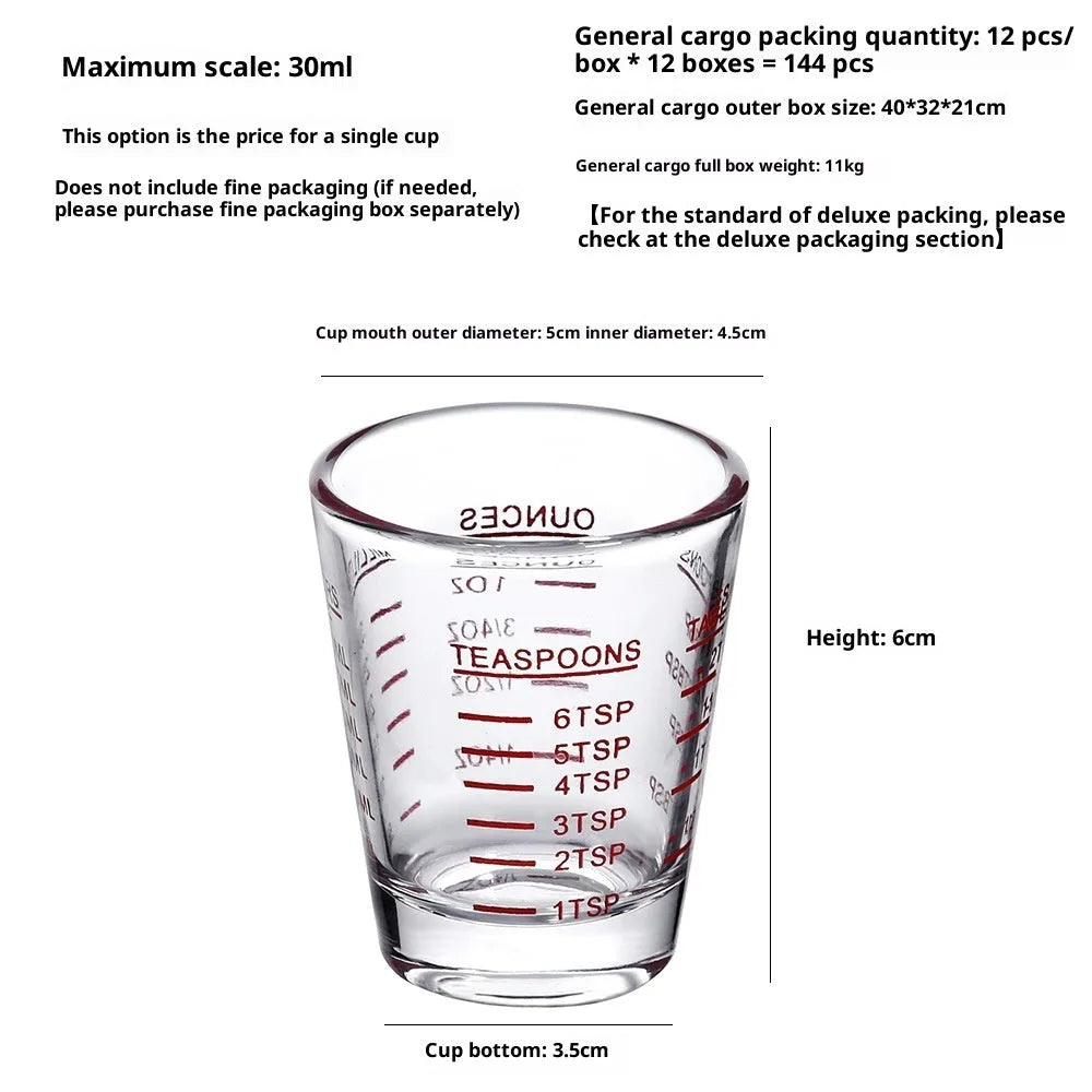 Mini retro glass measuring cup with scale showing 30ml capacity in solid colour
