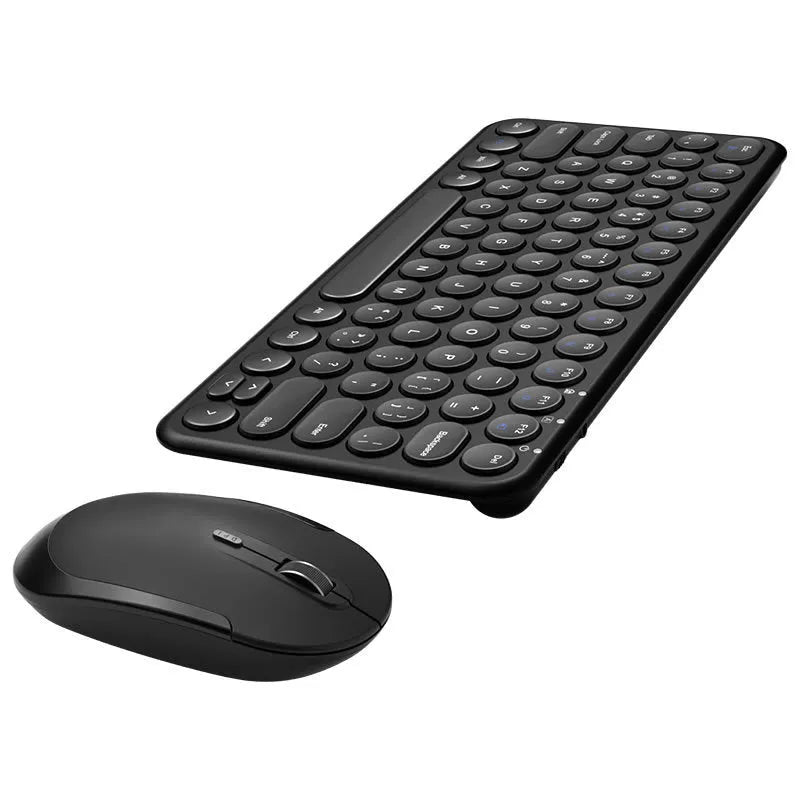 Mute white ultra-thin wireless keyboard and mouse with small USB receiver on a wooden desk.