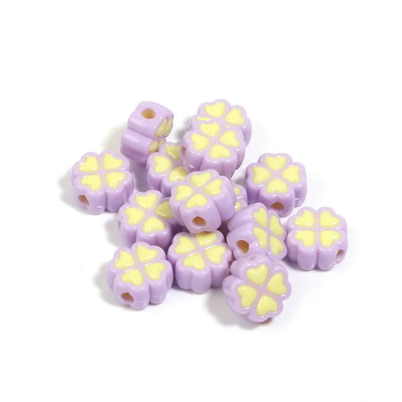 15mm frosted acrylic four-leaf clover love beads in mixed colours including pink, blue, and green