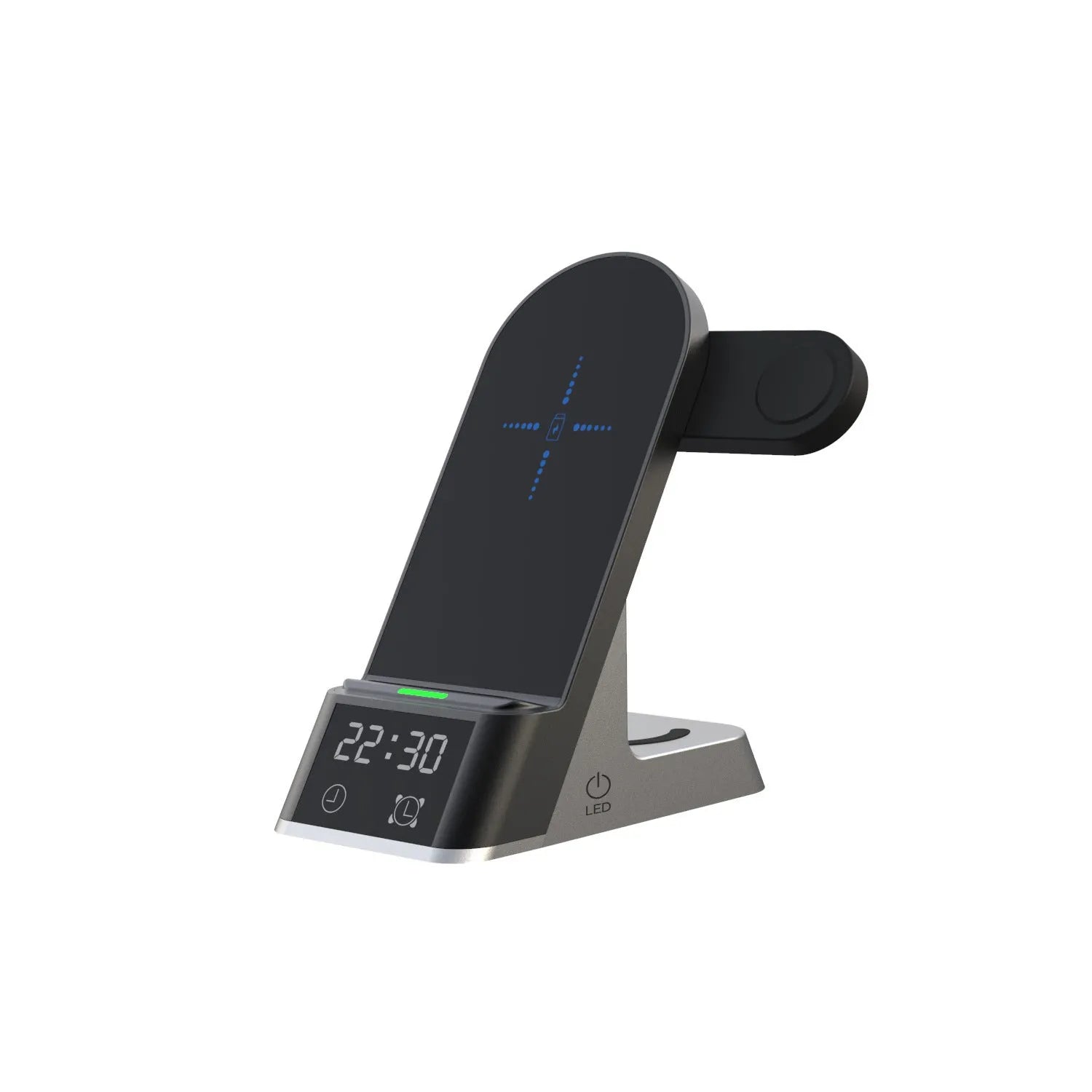 Black six-in-one alarm clock and wireless charging station with digital display and TYPE-C port.