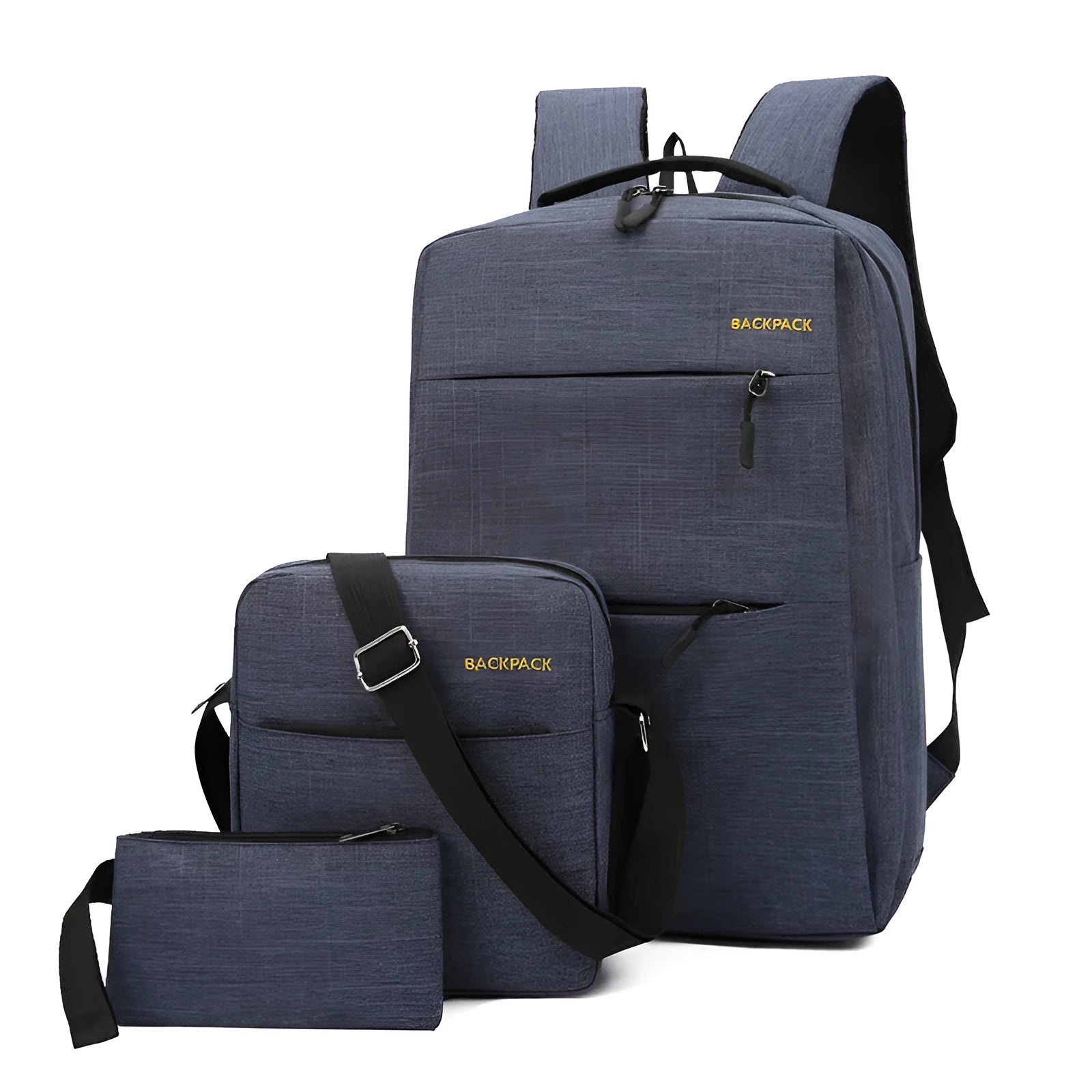 Men's black three-piece laptop bag set with USB charging port and padded straps on a grey background.