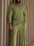 Men's green polyester casual set with long sleeve top and full-length trousers