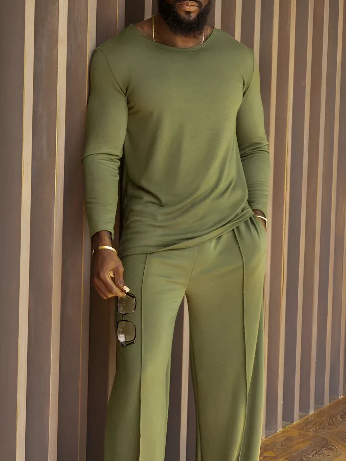 Men's green polyester casual set with long sleeve top and full-length trousers
