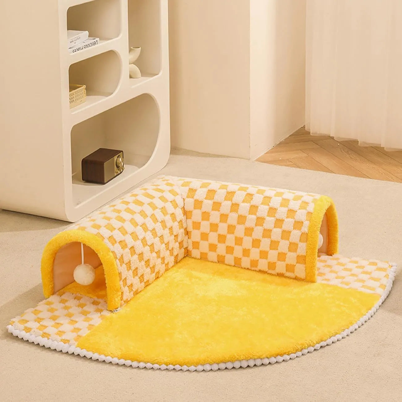 Large XL fan-shaped plush pet bed with a tunnel, in yellow plaid fabric with an anti-slip base.