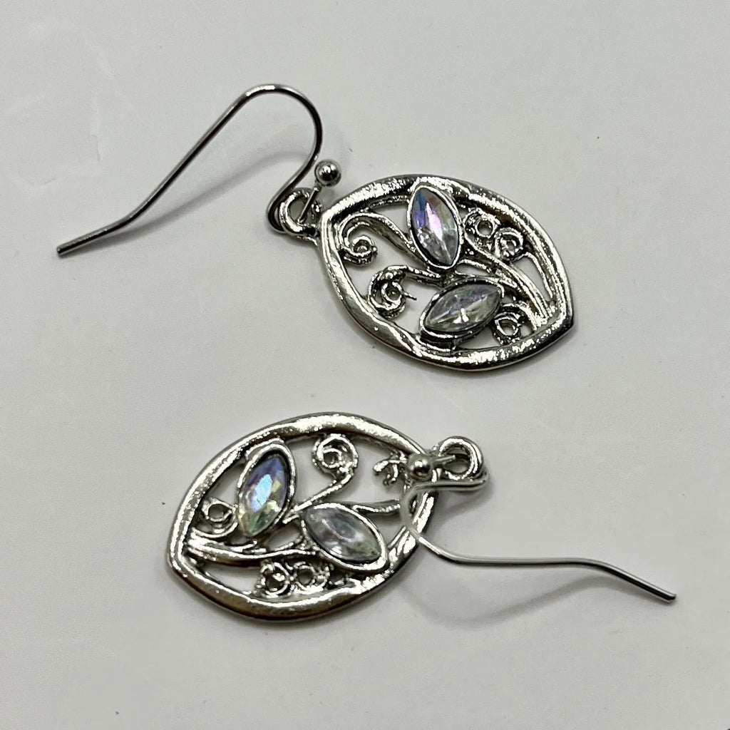 Silver colour leaf-shaped earrings with embedded colourful moonstones for women