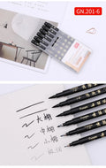 Six refillable soft brush calligraphy pens in a set with plastic barrels and environmental nibs