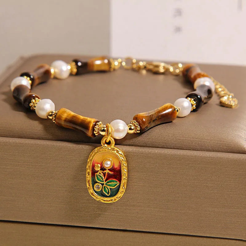 Chinese style stone bamboo women's glass bracelet in amber, green, purple colours
