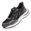 Men's black and grey low-top insulated safety shoes with plastic toe cap and lace-up closure.