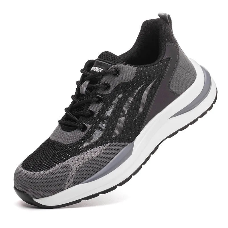 Men's black and grey low-top insulated safety shoes with plastic toe cap and lace-up closure.