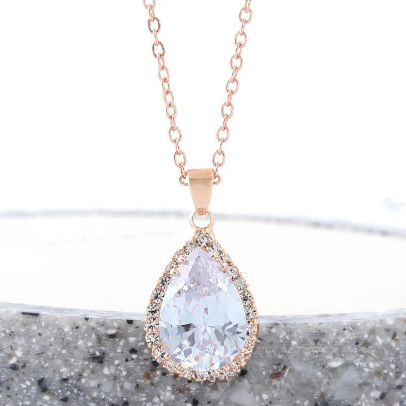 Women's rose gold rhinestone water drop necklace in pink colour with geometric design