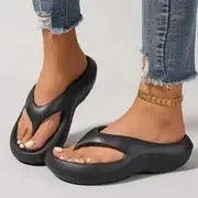 Women's black thick-soled EVA flip-flops with a non-slip sole design.