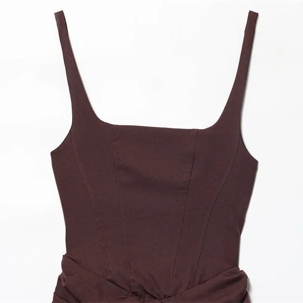 Mercerised cotton hooded sleeveless sheath dress in brown with stripe and plaid pattern and pleated asymmetric hem front view