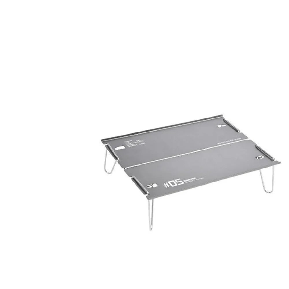 Outdoor 05 Series aluminium alloy folding table shown folded and unfolded in black and grey colours.