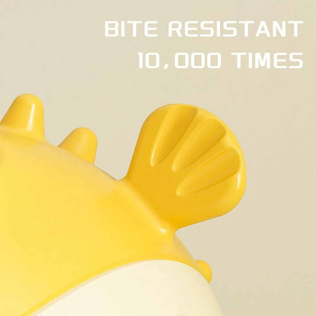 A yellow, fish-shaped durable dog chew toy with a textured surface and built-in squeaker.
