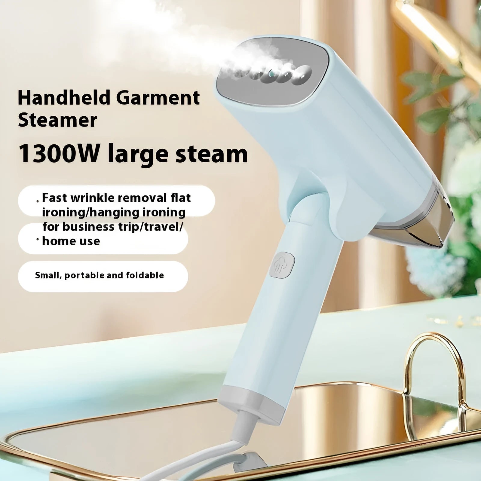 Blue and white handheld garment steamer with 1300W power and mechanical controls