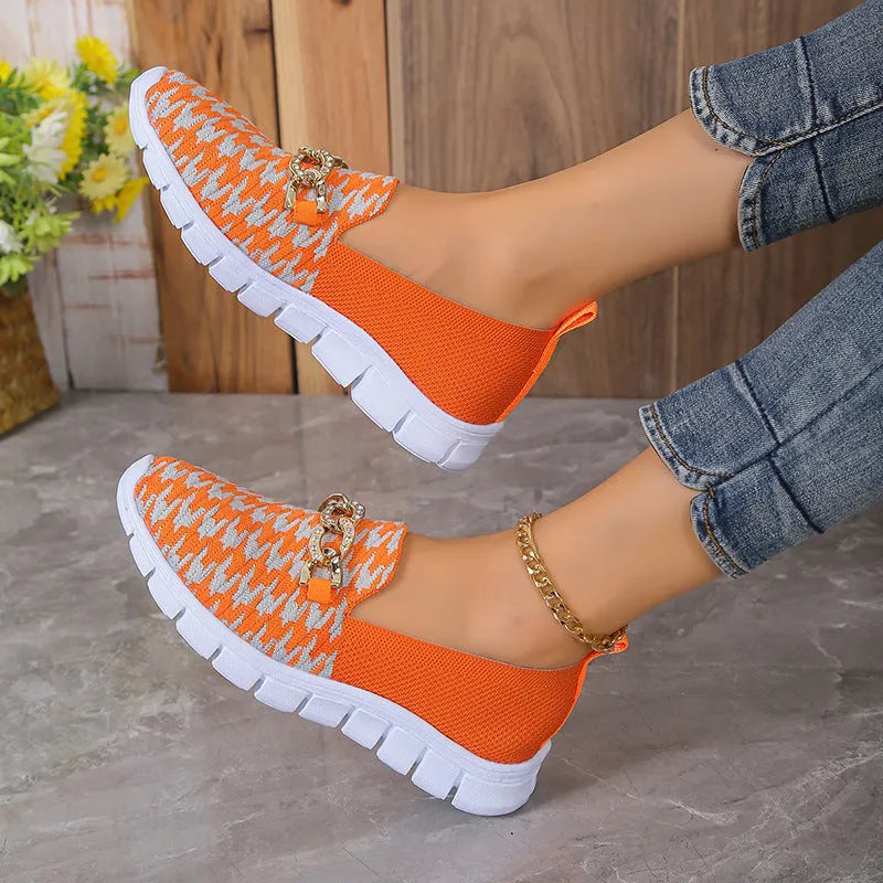 Casual houndstooth print chain mesh shoes for women, breathable round toe loafers with platform heel, rubber sole - orange red and white colours