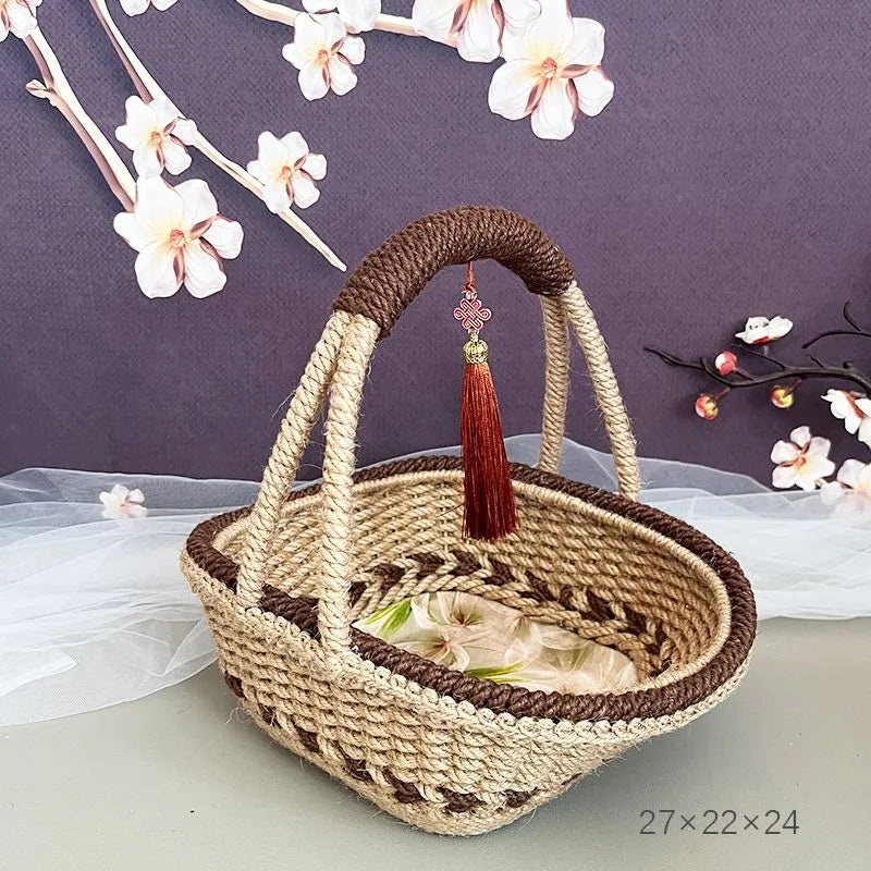 Hand-woven straw basket with hemp rope finish in pastoral retro style