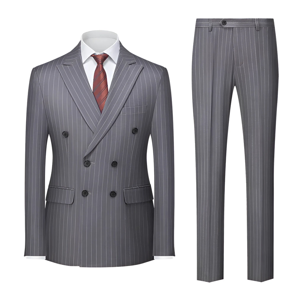 Men's two-button striped business suit with slim-fit trousers in dark grey colour option