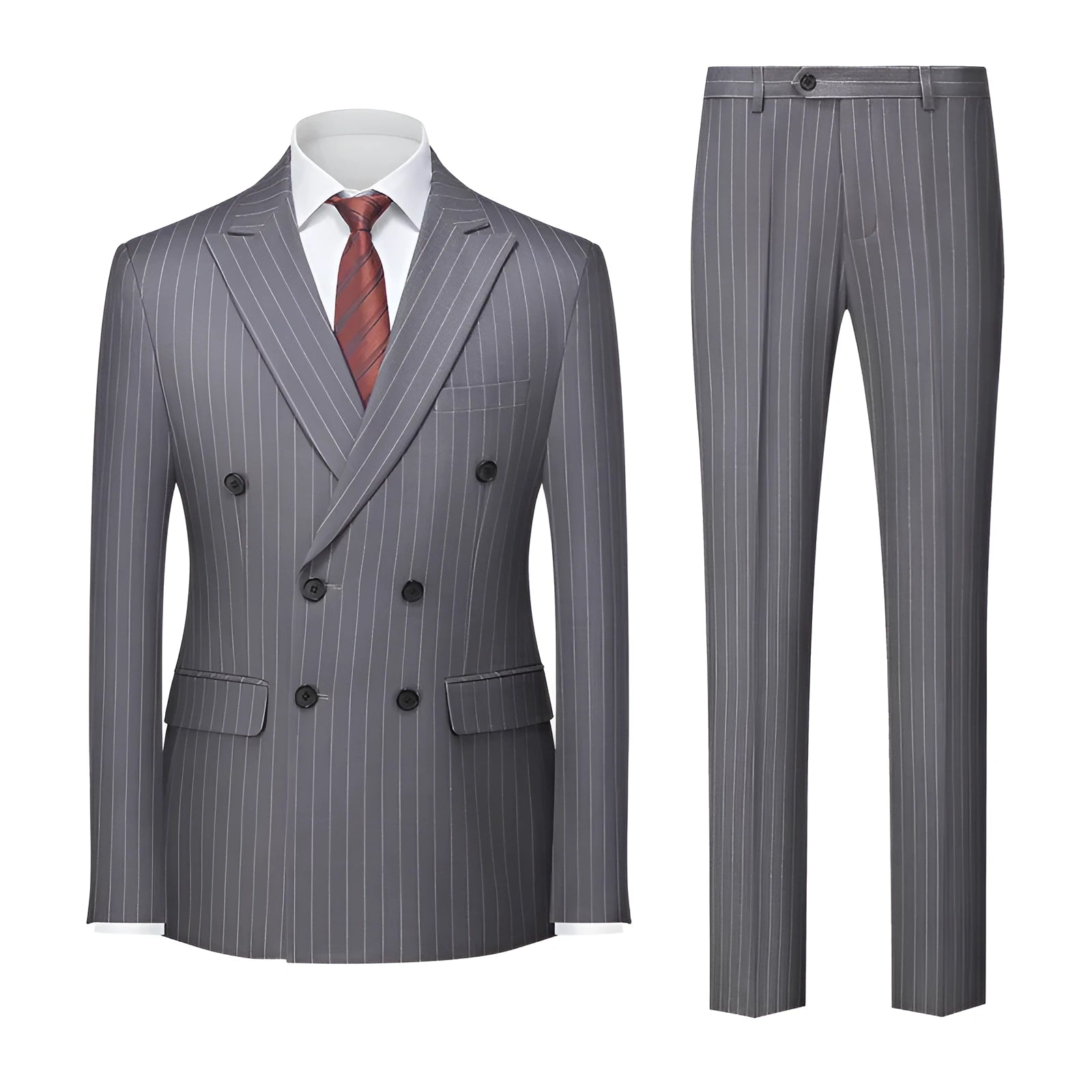 Men's two-button striped business suit with slim-fit trousers in dark grey colour option