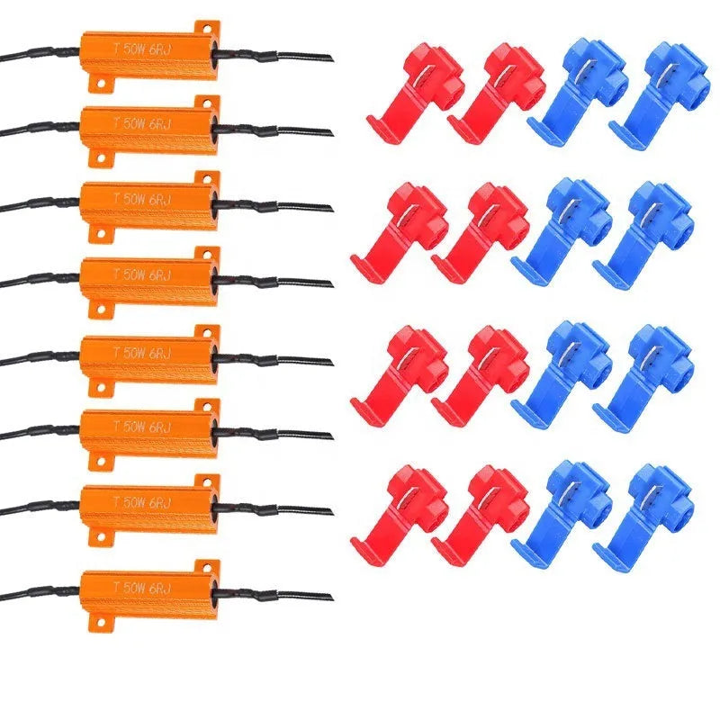 Two golden aluminium-case 50W load resistor decoders with four wire connector clips for fixing vehicle LED hyper-flash.