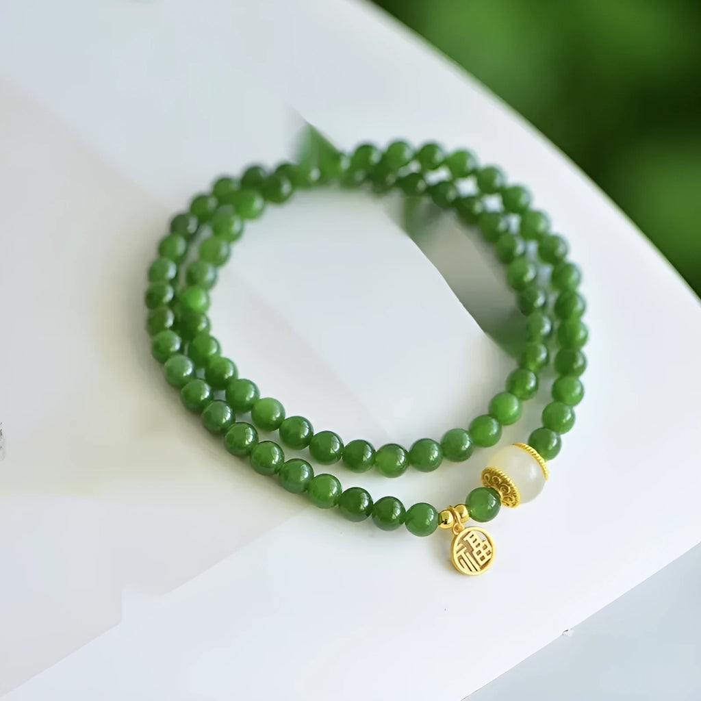 Natural Hetian jade double circle women's bracelet with geometric fu character design, 6mm diameter