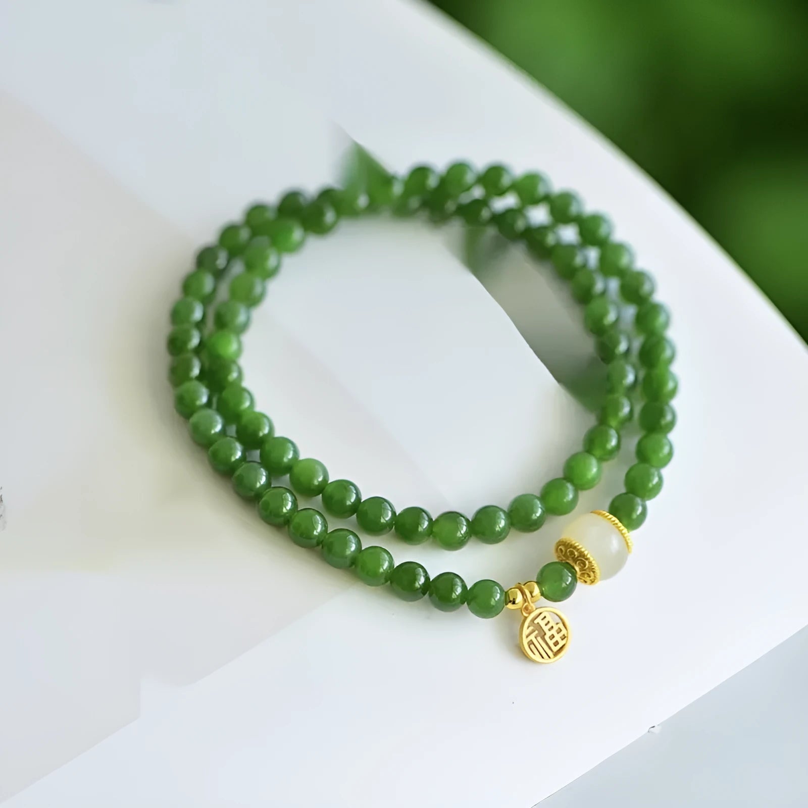 Natural Hetian jade double circle women's bracelet with geometric fu character design, 6mm diameter