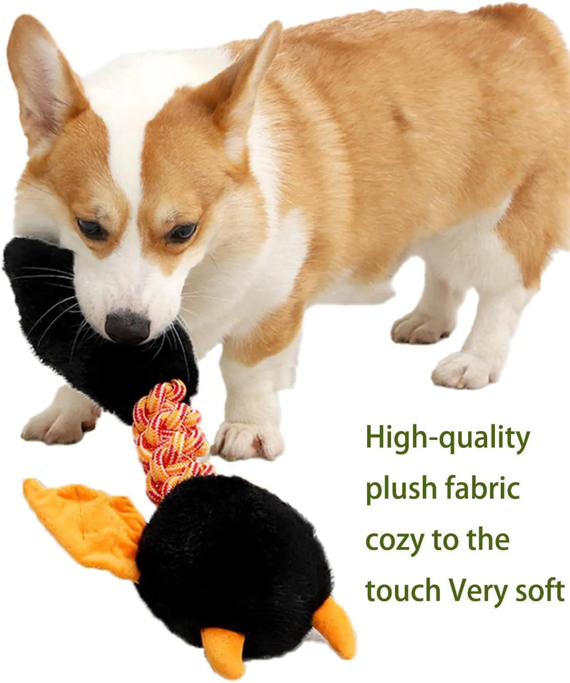 Plush cartoon dog toy with a squeaker and integrated rope knot on a green background.