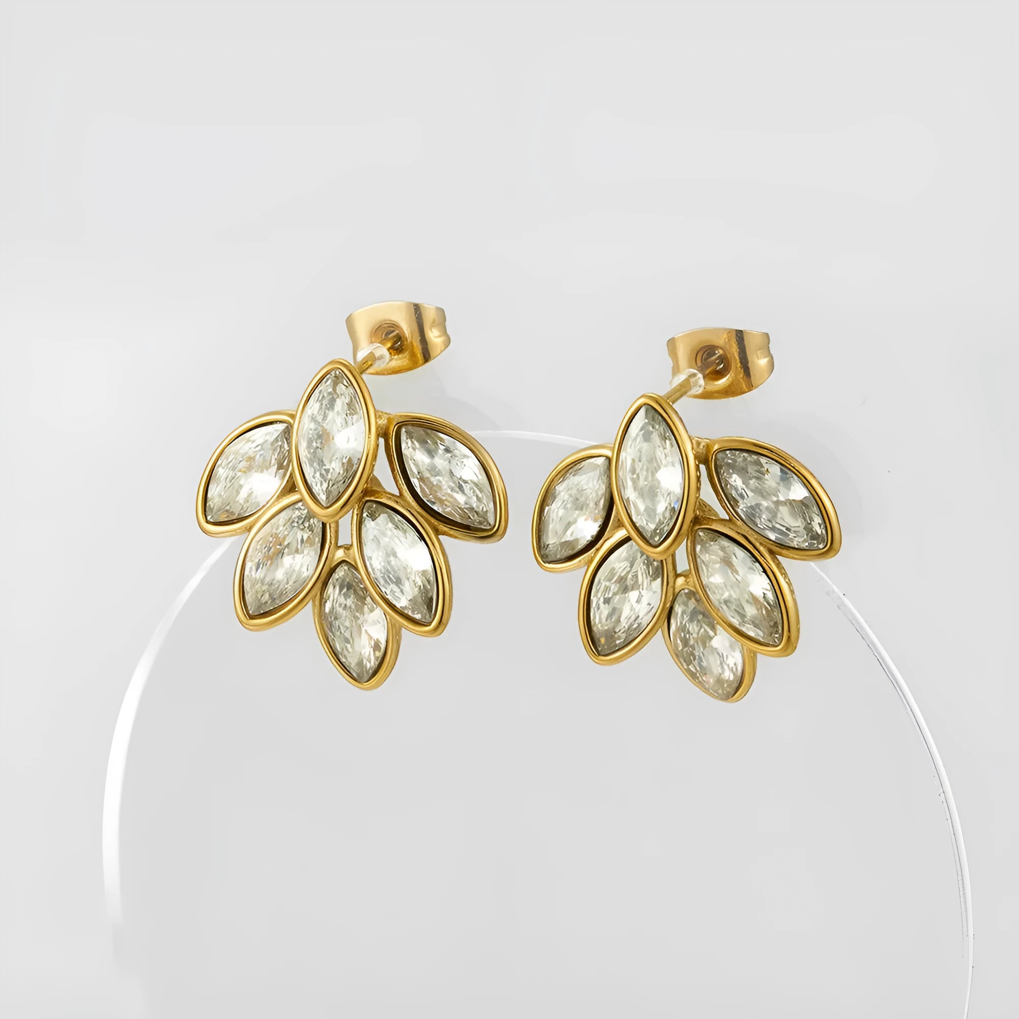 Titanium steel gold clip earrings with six-leaf dripping oil diamond design, 20.6mm by 19mm, sweet style party jewellery