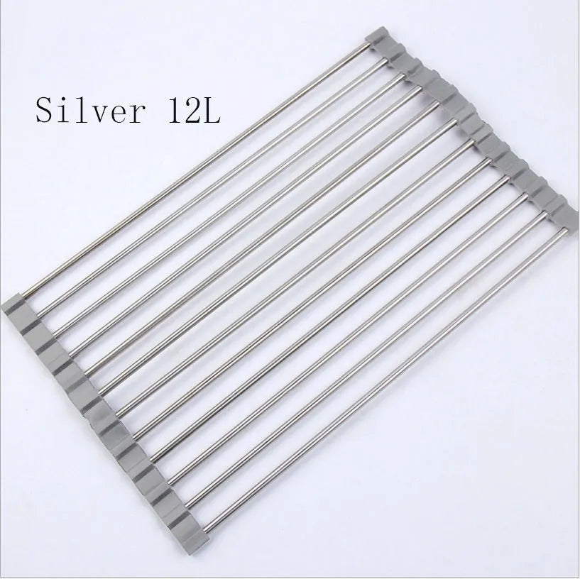 Folding stainless steel kitchen sink drying rack with multiple tubes, shown in a red finish.