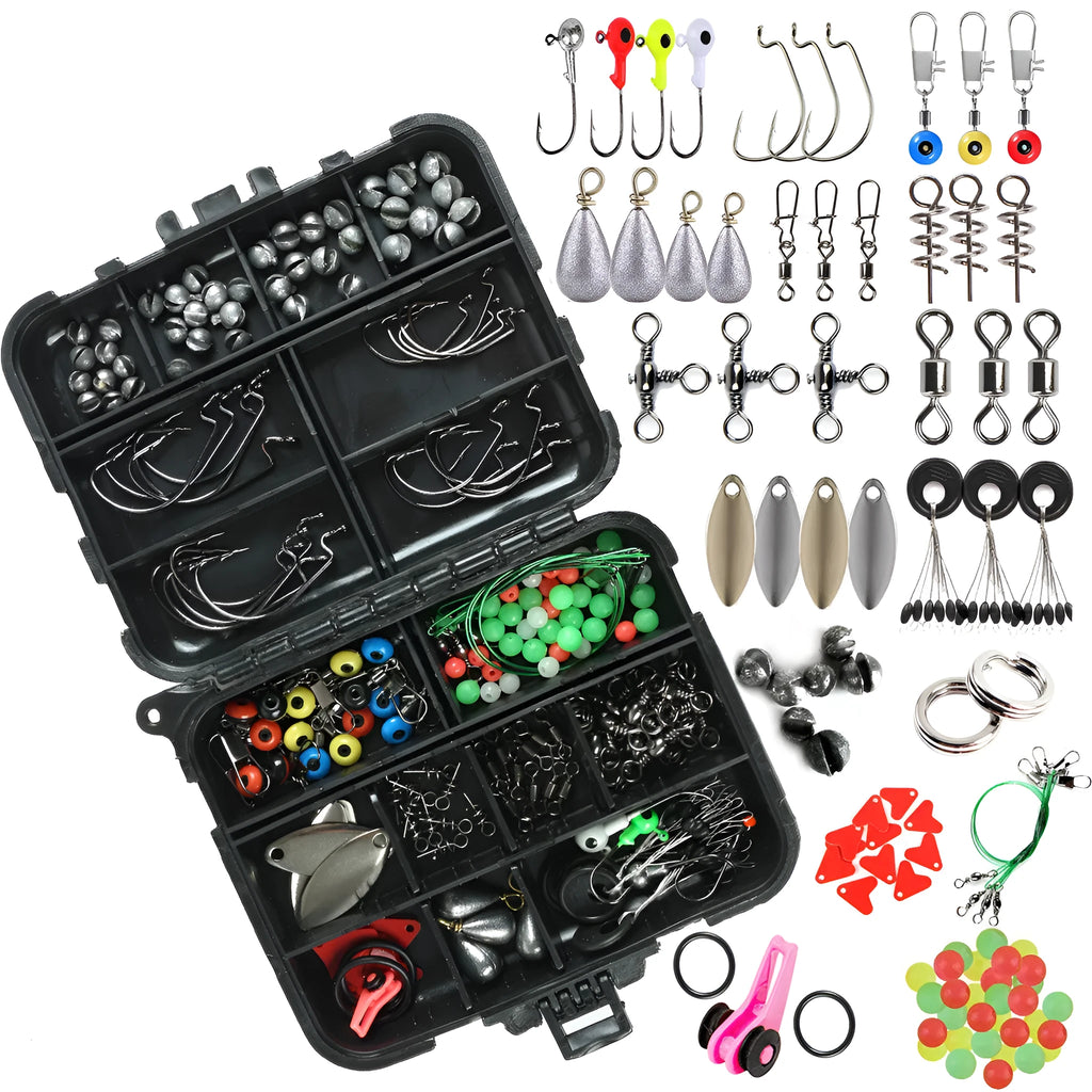 Black plastic storage box containing 188 stainless steel fishing accessories including swivels, snaps, and beads