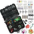 Black plastic storage box containing 188 stainless steel fishing accessories including swivels, snaps, and beads