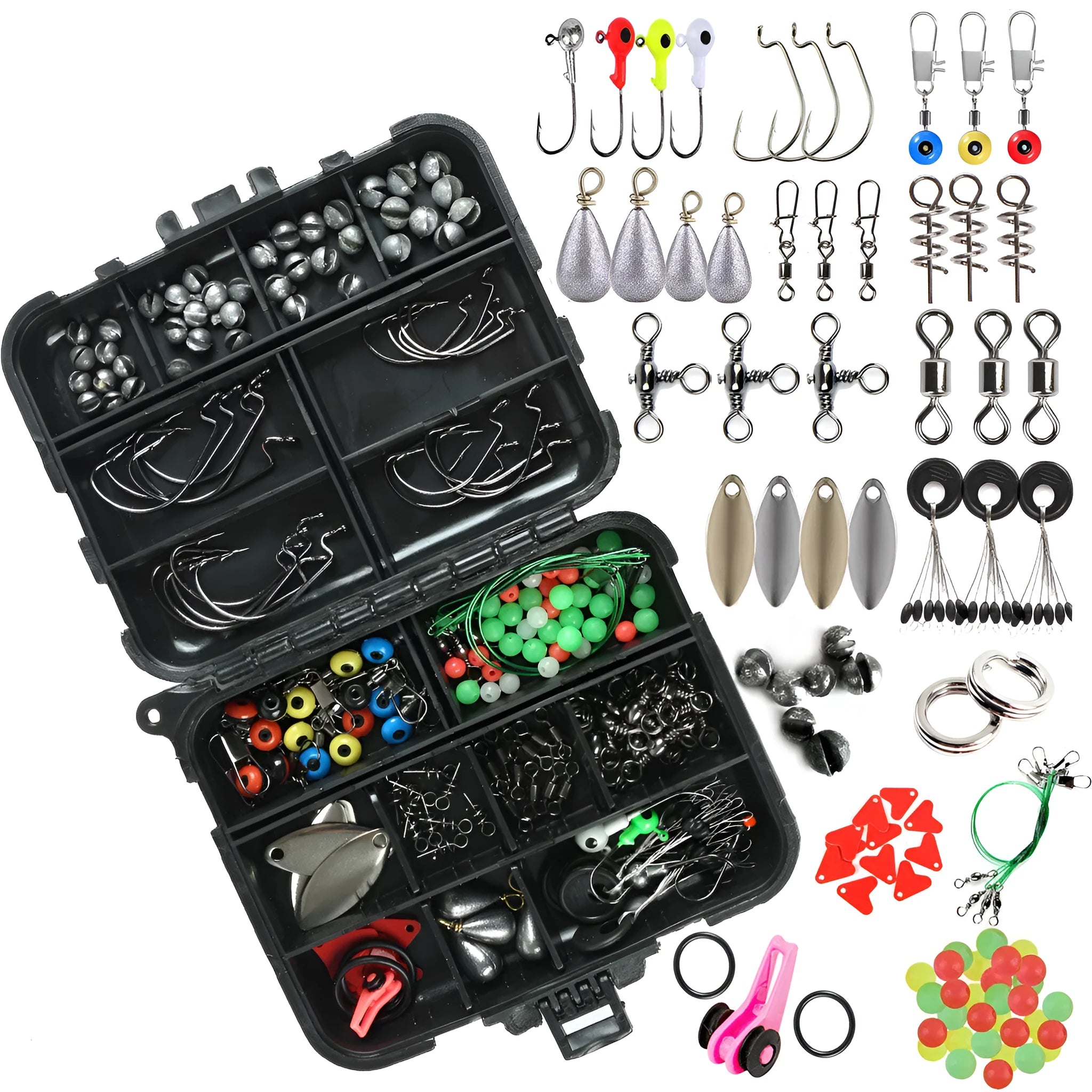 Black plastic storage box containing 188 stainless steel fishing accessories including swivels, snaps, and beads