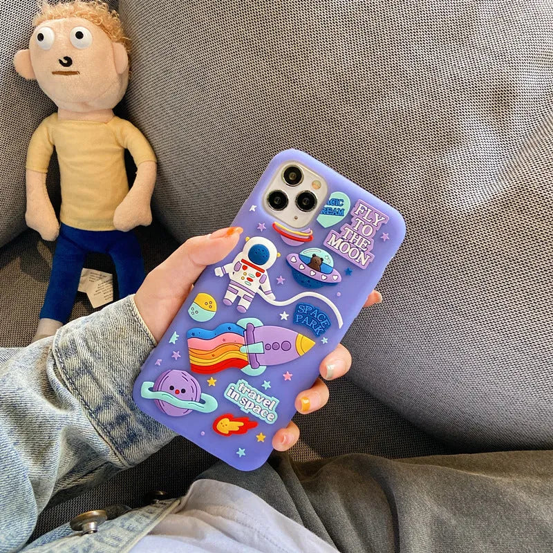 Purple silicone iPhone case featuring astronaut cartoon design for multiple model compatibility