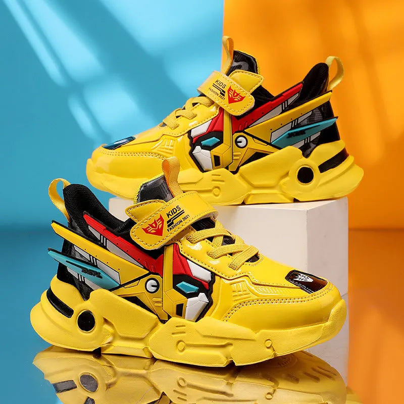 Children's leather-look running shoes with Velcro straps in yellow, black-red, and blue colour options