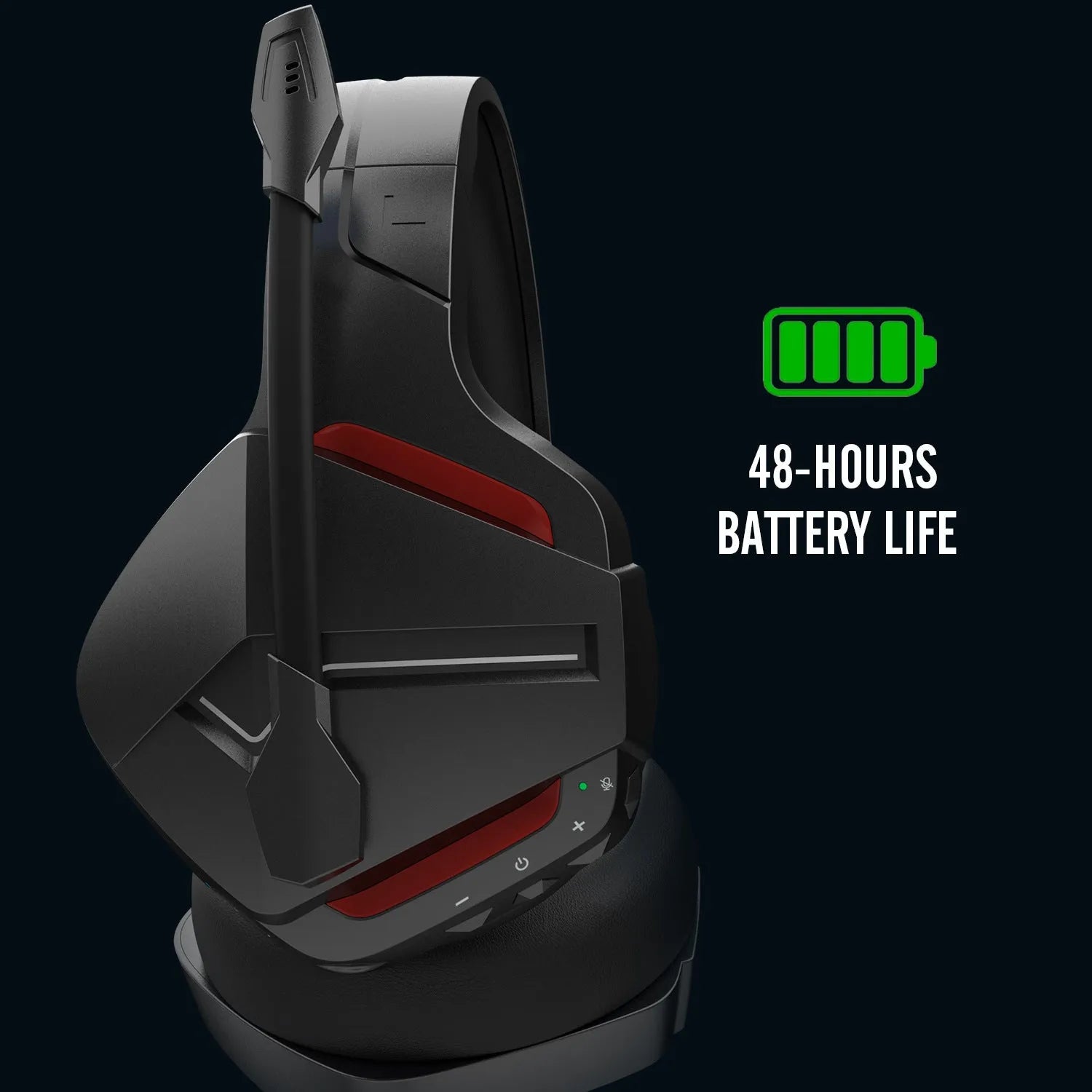 Wireless gaming headset with blue and black colour scheme, over-ear design, and built-in microphone