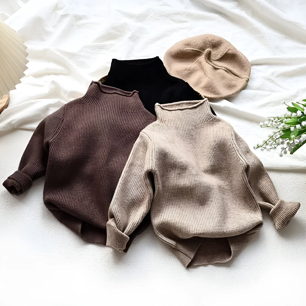 Autumn kids sweater turtleneck pullover in beige – wool blend fabric for boys ages 12 months to 6 years