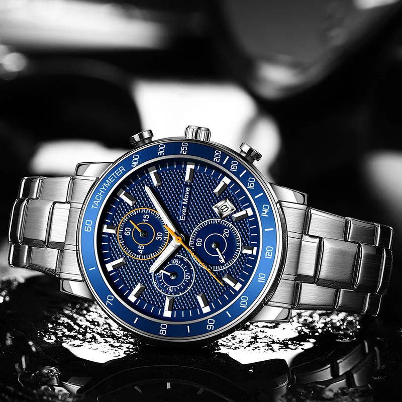 Waterproof quartz watch with steel bracelet, luminous hands, black dial, and three-pin design