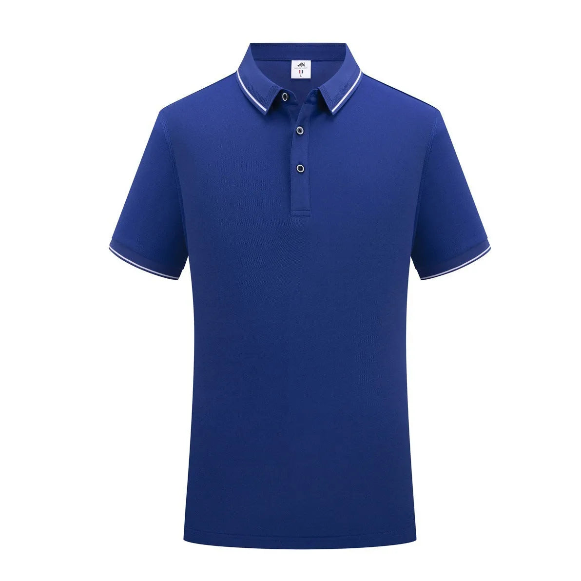 Beautician wearing a short-sleeved light blue polo shirt with asymmetric detail in a salon setting