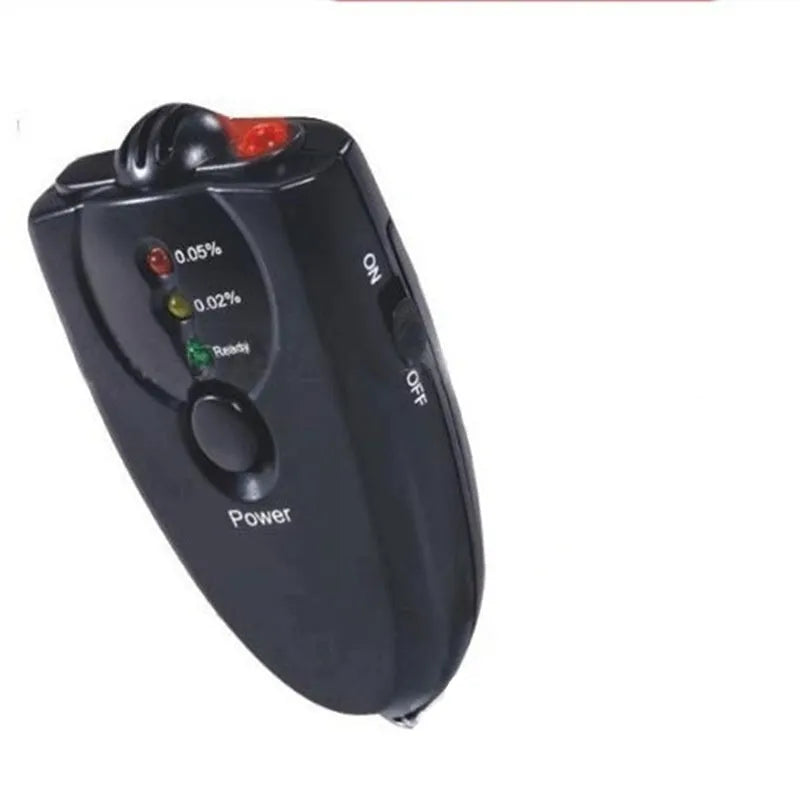 Black portable wine tester with LED display and keychain against a white background