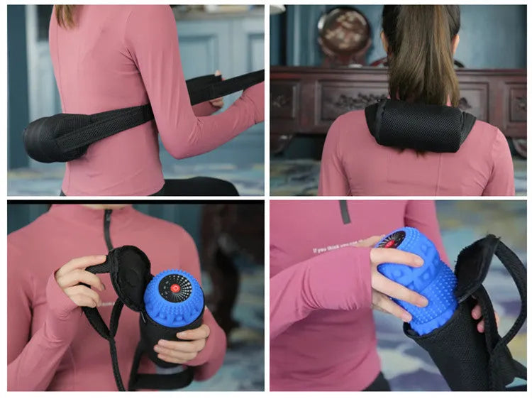 Electric vibrating peanut massage ball in blue-black-grey eco-friendly silicone on a white background