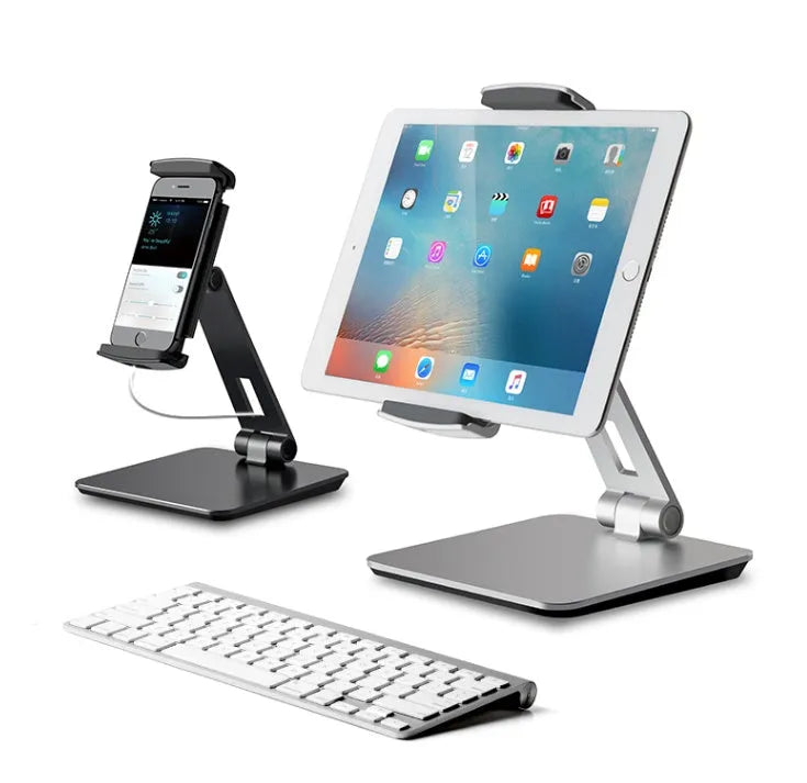 Foldable aluminium phone and tablet stand with black silicone protection showing 360-degree rotation capability