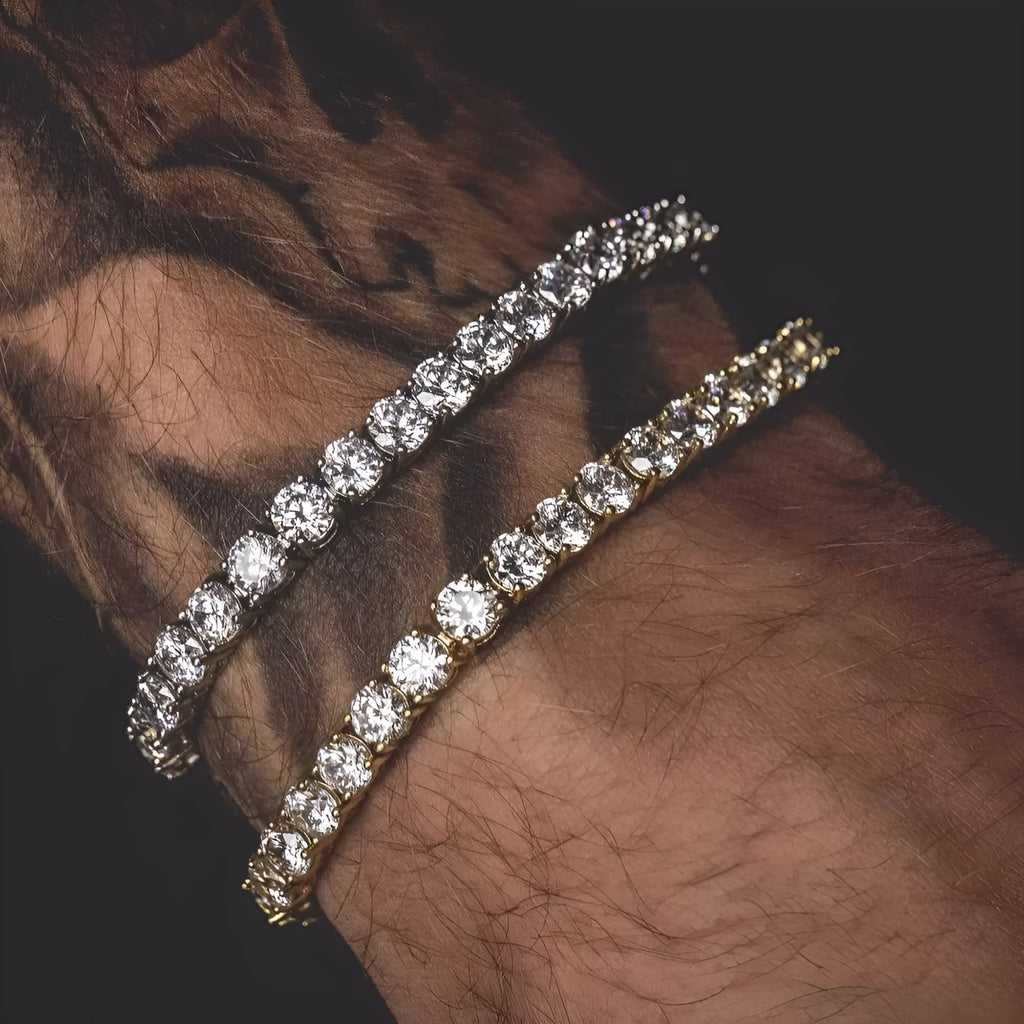 Men's hip hop bracelet with single row rhinestones and tennis charm in alloy construction