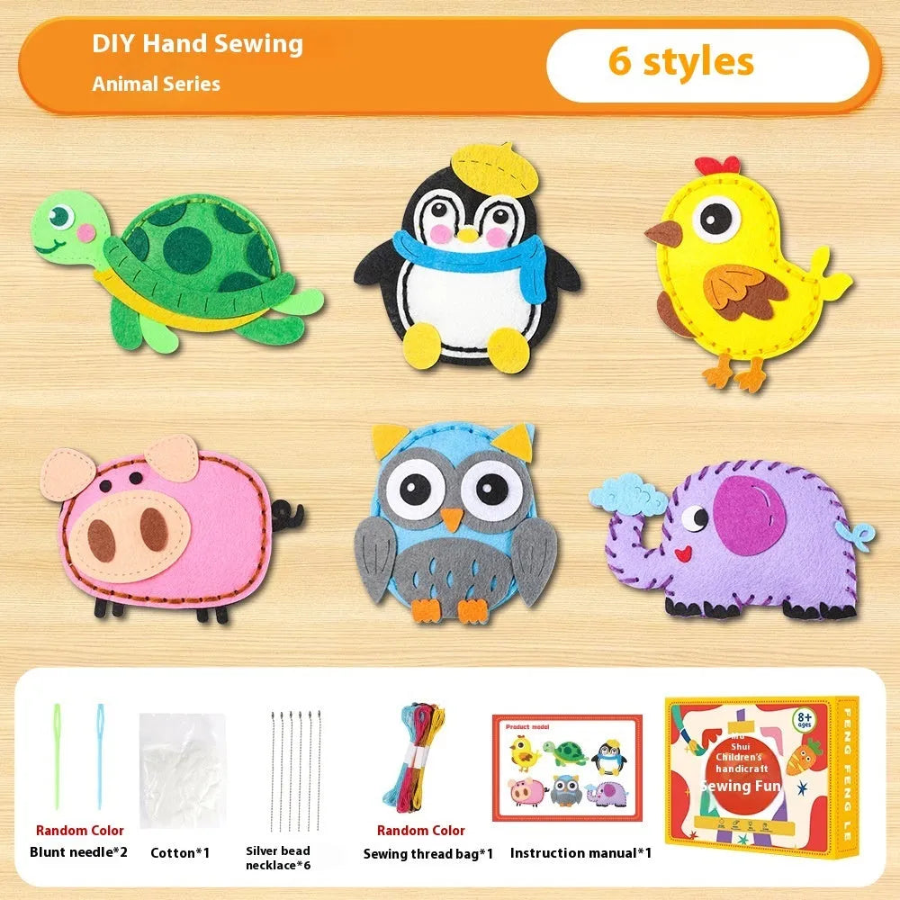 Children's non-woven cloth sewing kit with animal six models, needle, thread, and silver beads in a colour box
