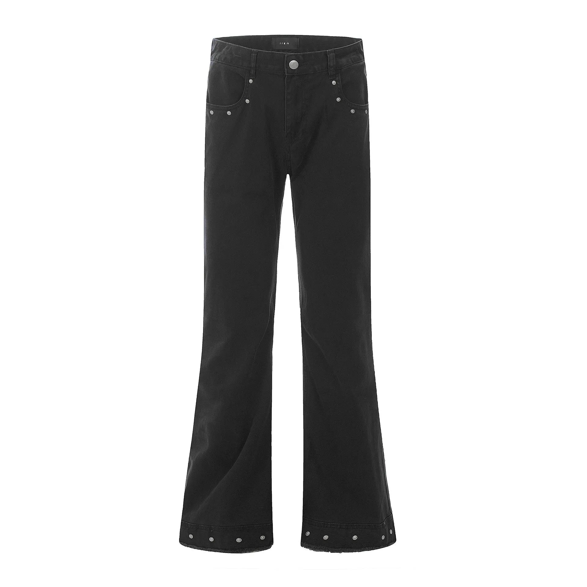 American retro straight-leg skinny jeans in black cotton denim laid flat.