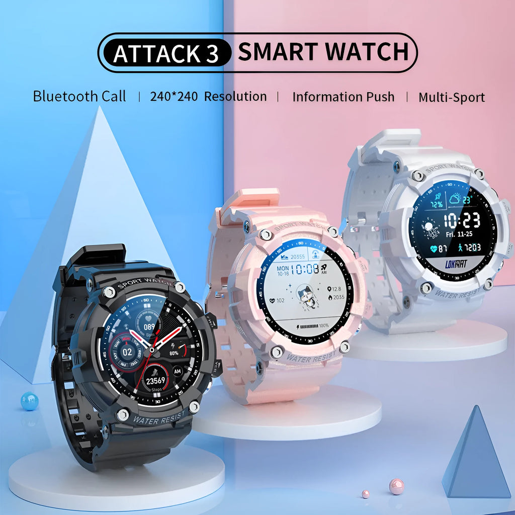 ATTACK 3 IP67 waterproof smart sports watch in black with round colour touchscreen on a TPU strap.