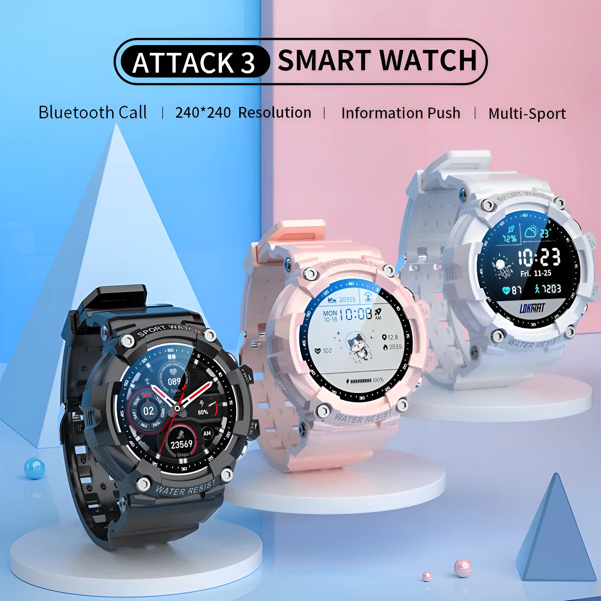 ATTACK 3 IP67 waterproof smart sports watch in black with round colour touchscreen on a TPU strap.
