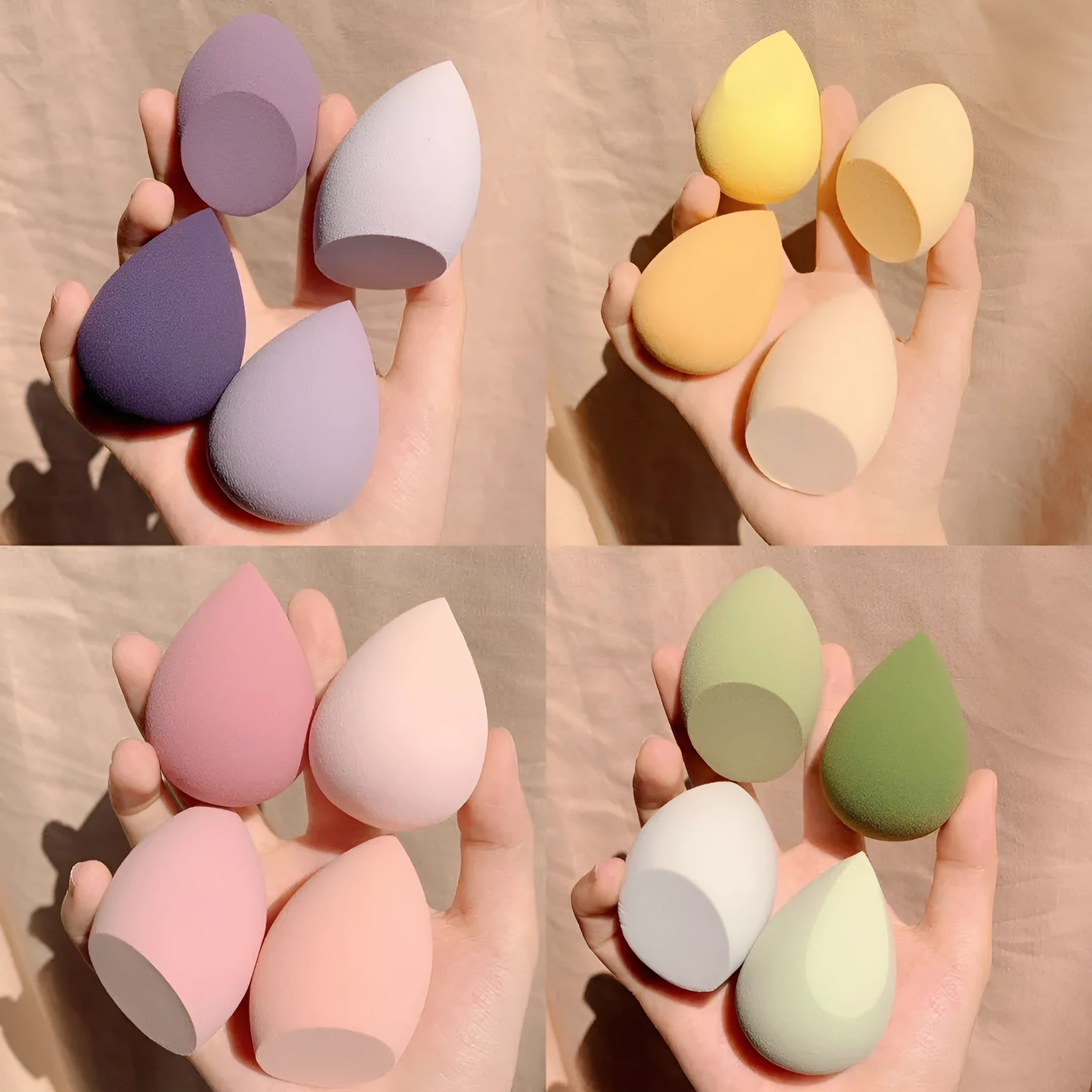 Set of four colourful egg-shaped makeup sponges in Grape, Mango, Mint, and Peach Peach.